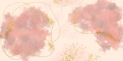 Minimalistic drawing with organic shapes and golden lines. Pink pastel watercolor background