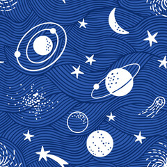 White and Blue Universe Seamless Pattern