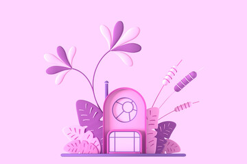 Abstract cartoon fairy-tale tiny cozy house in pastel colors on a background of fantastic stylized plants, trees and herbs. 3d illustration