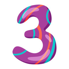 Number three. Colored cartoon number 3 for kids. Greeting card template, colorful number for counting studies, holidays. Vector illustration isolated on white background.
