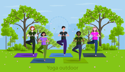 Young women in sportswear training yoga outdoor in city park spring. Open air yoga practic. Yoga class outside. Flat cartoon style concept banner or poster