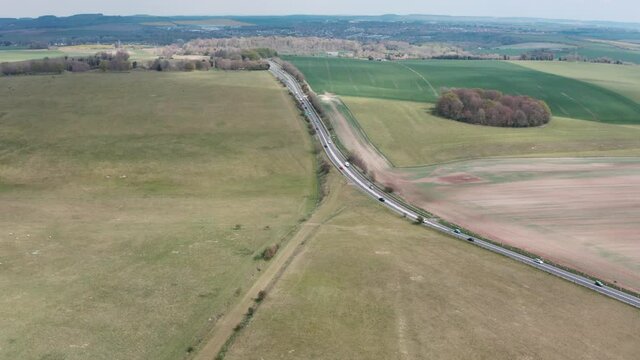 Aerial Drone Shot Over A303 UK Countryside Highway Road