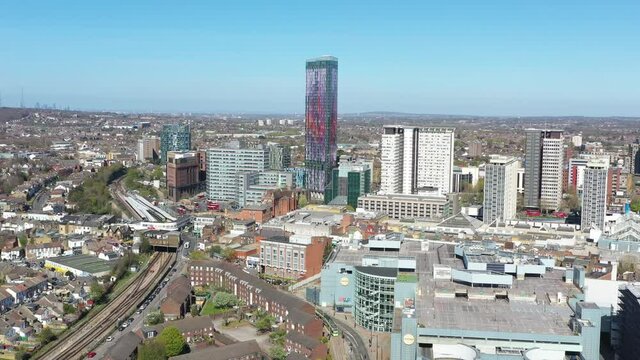 Dolly back drone shot of Croydon town centre London