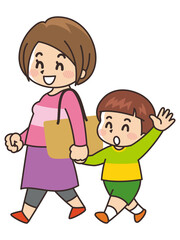 笑顔で歩く母子