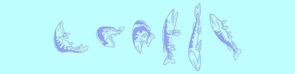 set of muskie fish cartoon icon design template with various models. vector illustration isolated on blue background
