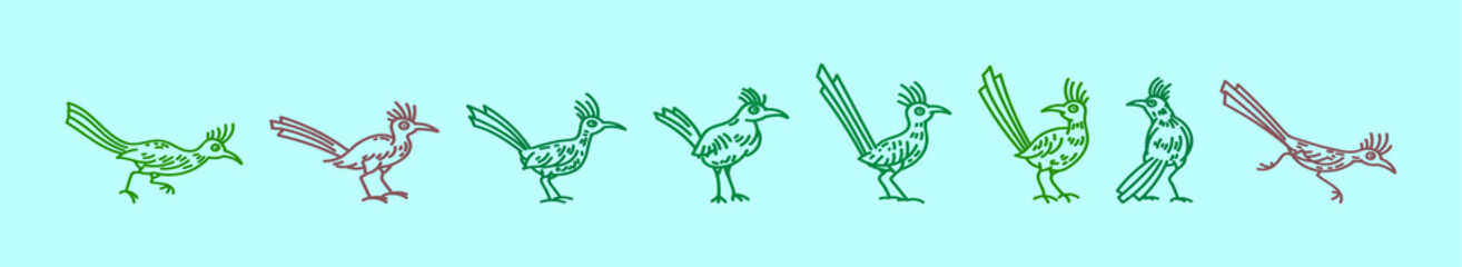 set of roadrunner cartoon icon design template with various models. vector illustration isolated on blue background