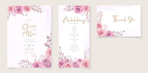 Set of elegant wedding card template with hand drawn floral decoration