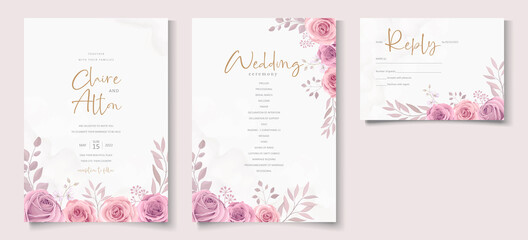 Set of elegant wedding card template with hand drawn floral decoration