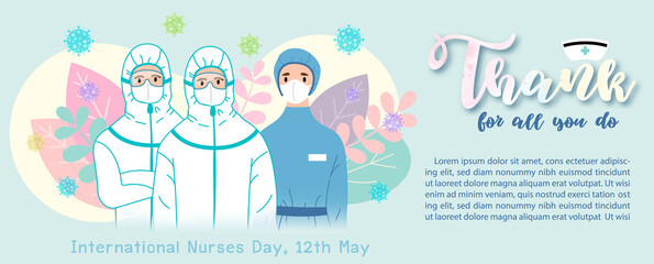Nurses in protection suite with wording of Encouragement to nurses in Covid-19 situation and International Nurses Day campaign on decoration plants , symbol of virus and light green background.