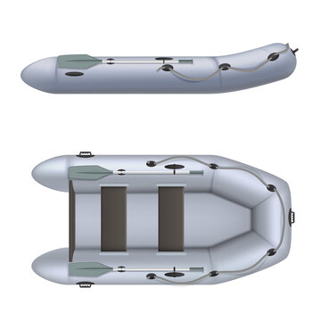 Set rubber inflatable boat side and top view vector illustration in realistic style.