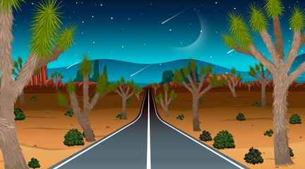 Long road through the desert landscape scene at night
