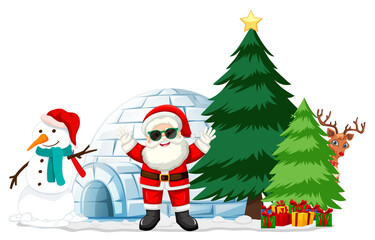 Santa Claus with many gifts and igloo on white background