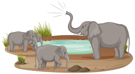 Elephant family standing at the pond isolated on white background © blueringmedia
