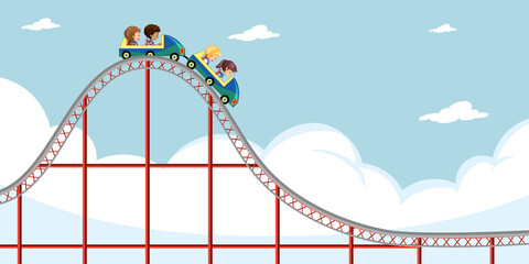 Children ride roller coaster with sky background - obrazy, fototapety, plakaty