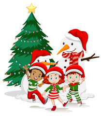 Children wear Christmas costume cartoon character with snowman on white background