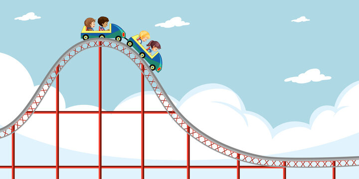 Children ride roller coaster with sky background