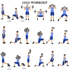 Fototapeta na wymiar Workout man set. Legs workout illustration. Male doing fitness exercises illustration
