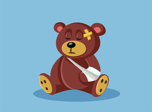 Hurt Teddy Bear with a Bandage and a Broken Arm