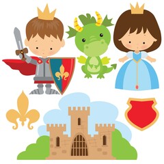 Knight, princess and dragon vector cartoon illustration