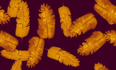 Yellow Seamless Art. Golden Pattern Leaves. Beige Tropical Nature. Vintage Garden Nature. Black Floral Leaves. Watercolor Foliage. Decoration Art.