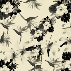 Zwart patroon exotisch. Grijs tropisch blad. Witte bloemen botanische. Decoratie blad. Bloemdessin. Zomer illustratie. Lente vintage. Behang Textuur.
