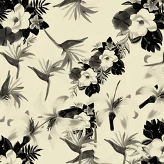 Keuken foto achterwand Aquarel natuur set Zwart patroon exotisch. Grijs tropisch blad. Witte bloemen botanische. Decoratie blad. Bloemdessin. Zomer illustratie. Lente vintage. Behang Textuur.