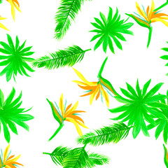 Organic Pattern Texture. Natural Seamless Design. White Tropical Background. Green Isolated Background. Drawing Background. Decoration Plant. Wallpaper Hibiscus.