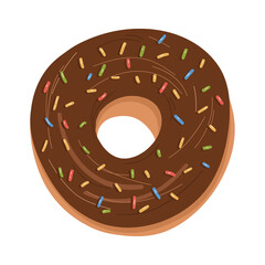 Cute delicious sweet donut with chocolate icing and colored sprinkling.Vector hand drawn