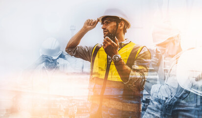 Double exposure of engineer caucasian man using walkie-talkie talking in the work site, abstract...
