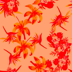 Coral Pattern Nature. Ruby Seamless Nature. Pink Tropical Art. Scarlet Flower Leaf. Red Wallpaper Vintage. Decoration Background. Watercolor Texture.
