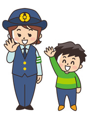 笑顔で手を振る婦警さんと男の子　交通安全