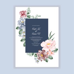 beauty Wedding floral round invitation card with pink blue burgundy flowers
