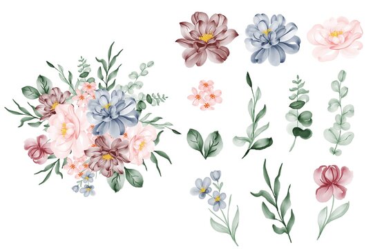 set of flower pink blue and leaf isolated clip-art