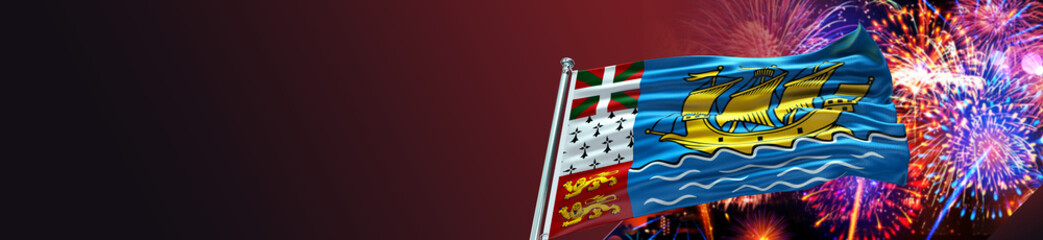 Saint-Pierre and Miquelon Flag with Fireworks Celebration and large Gradient Single Flag 