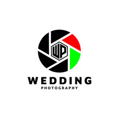 Shutter Aperture Camera Lens with Initial Letter WP for Wedding Photo, Photography or Photographer Emblem Badge Logo Design