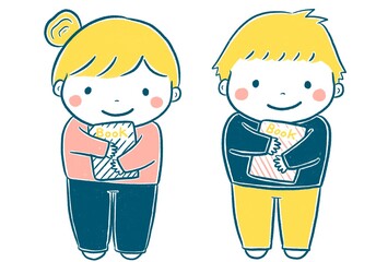本を持つかわいいお団子の女の子と男の子