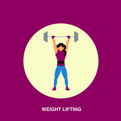 Fototapeta na wymiar Weight lifting with weights being lifted by women in competition flat concept design 
