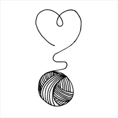 vector drawing in the style of doodle. a ball of wool and a heart. symbol of knitting, crocheting, hobby, needlework. simple, minimalistic logo