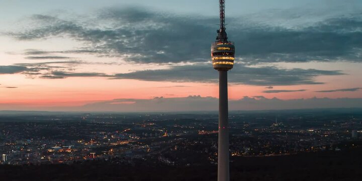TV Tower Stuttgart Sunset Dawn overview city aerial 4k wide