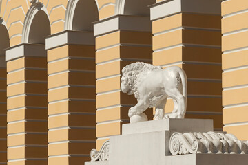 Close up shot of lion sculpture at the entrance to the historic building of the Russian Museum in...