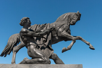 Obraz premium Bronze sculpture of a horse at an Anichkov bridge in St. Petersburg against the blue sky.