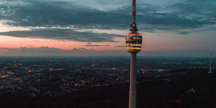 TV Tower Stuttgart Germany Sunset Dawn overview city aerial 4k wide