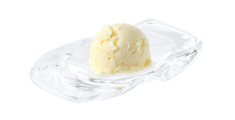 Vanilla ice cream in mini glass tray on white background