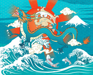 Abstract Art Blue Dragon Flying up Above Two Japanese Torrential Wave, Sun with Water Splash Icon and Golden Clouds and Fuji Mountain On Blue Background with Sakura Repeat Pattern Vector Graphics