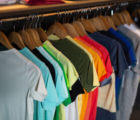 Different assortment of fashionable stylish beautiful clothing in the modern boutique