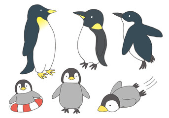 Naklejka premium 手描きのペンギン親子 線画（カラー）
