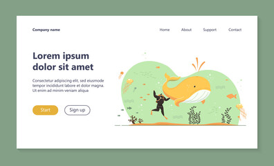 Tiny man exploring marine wildlife. Diver, whale, sea or ocean fishes flat vector illustration. Aquarium, tropical, marine fauna exploration concept for banner, website design or landing web page