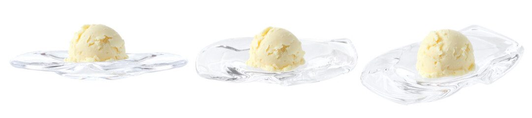 Vanilla ice cream in mini glass tray on white background