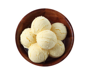 Vanilla ice cream in wooden cup on white background