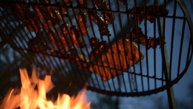 Polish Sausages and Meat Pieces in Flames